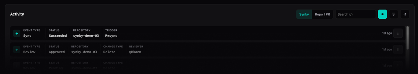Synky activity feed showing sync and review events