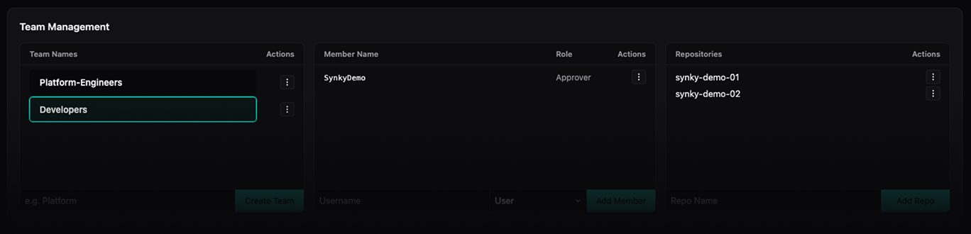 Synky team management showing teams, members, and linked repositories